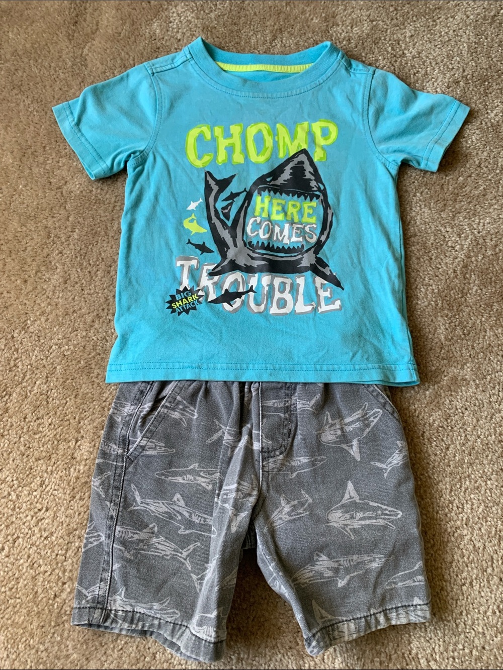 Chomp Here Cones Trouble Turquoise Tee & Gray Shark Print Shorts 3T